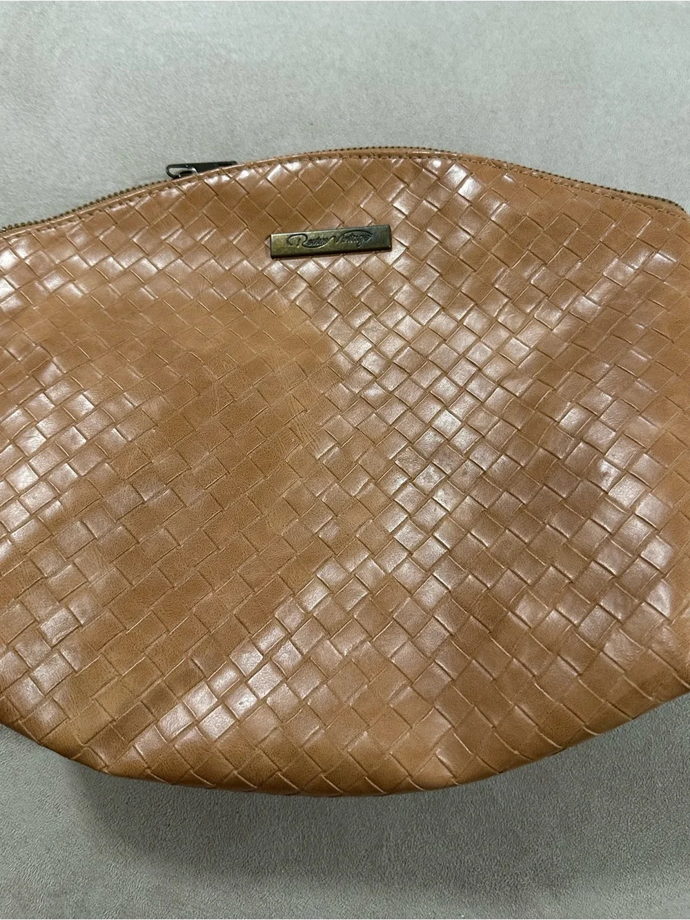 Revive Vintage Woven Vegan Leather Travel Pouch / Makeup Bag in Cognac Brown
